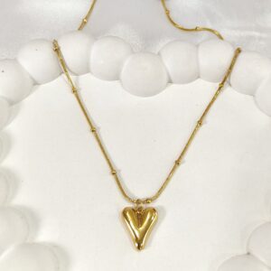 Gold puff heart pendant necklace for women
