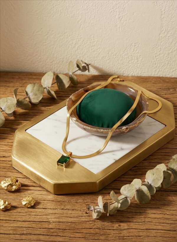 Gold plated emerald green stone pendant necklace with snake chain for women