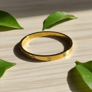 Minimal gold plated screw design bracelet for women with crystal studs